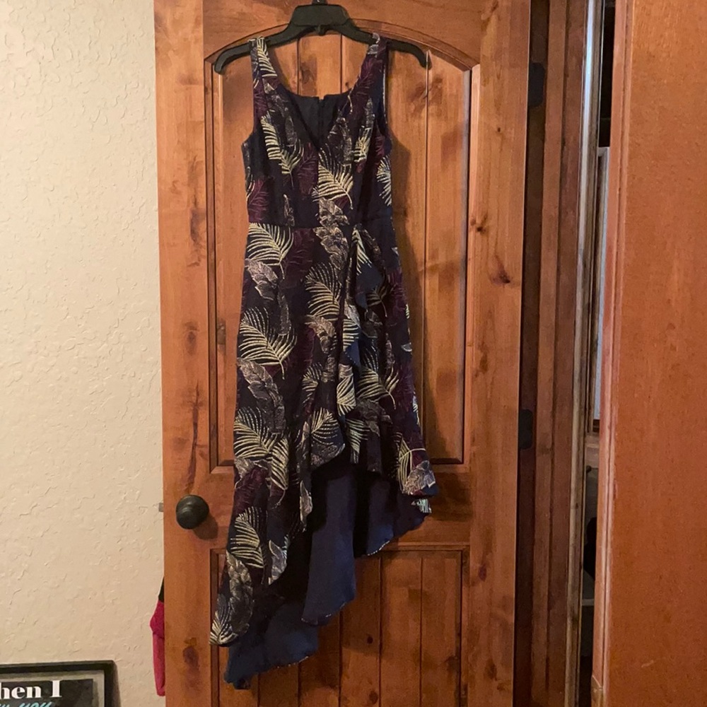 Aidan mattox asymmetrical flamenco inspired tropical leaf stitch dress